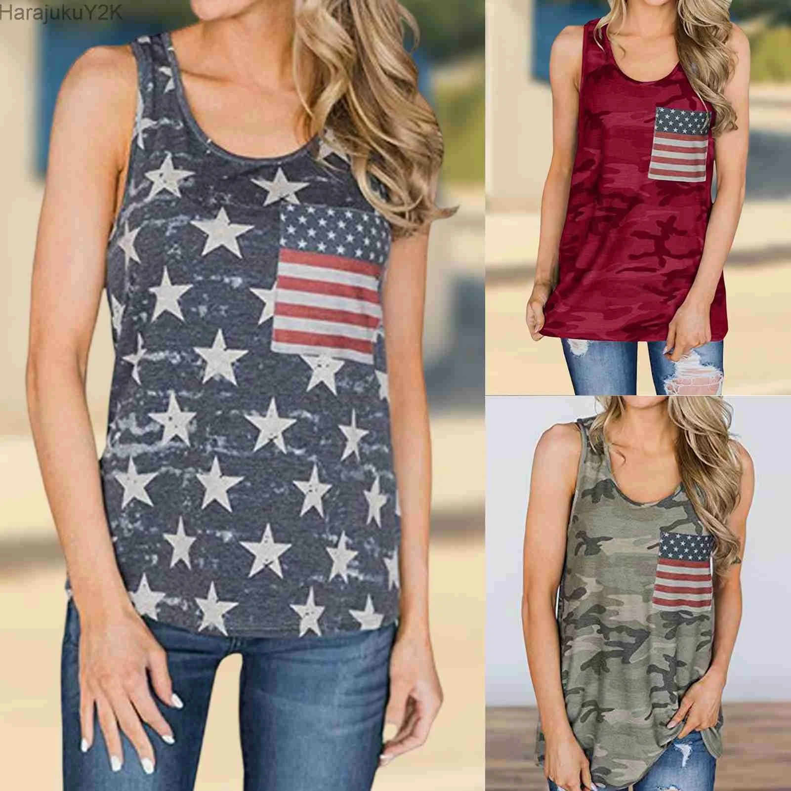 

Women American Flag Print Shirts Off Shoulder Crew Neck Sleeveless Stars Stripes Tank Tops Loose Fit H Shape Streetwear T-shirt