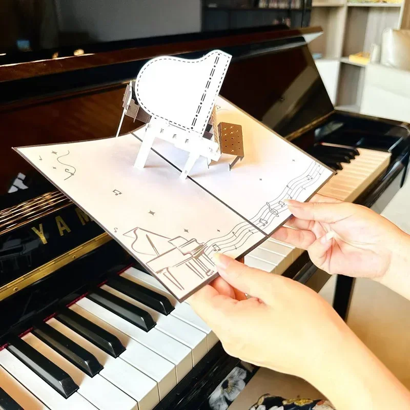 3D Piano Greeting Cards Music Instrument Paper Carving Hollow Out Folding Festival Celebration Gratitude and Blessing Card