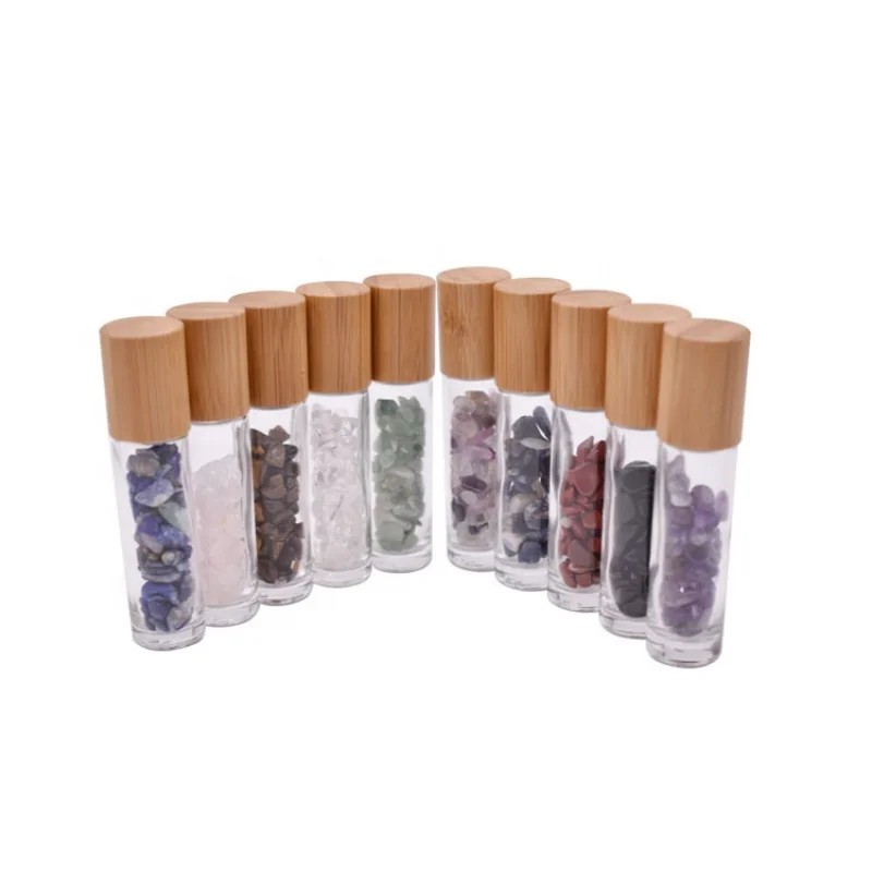 

set/714pcs 10ML Gemstone Roller Bottles,Refillable Roll On Bottles with Bamboo Lids Healing Crystal Chips Inside for Perfume