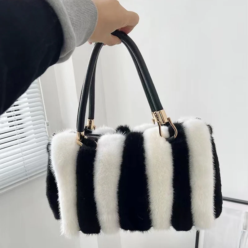 Winter Real Mink Fur Bag Luxury Brown Handbags Women High Quality Crossbody Bag Furry Large Capacity Striped Shoulder Handbag