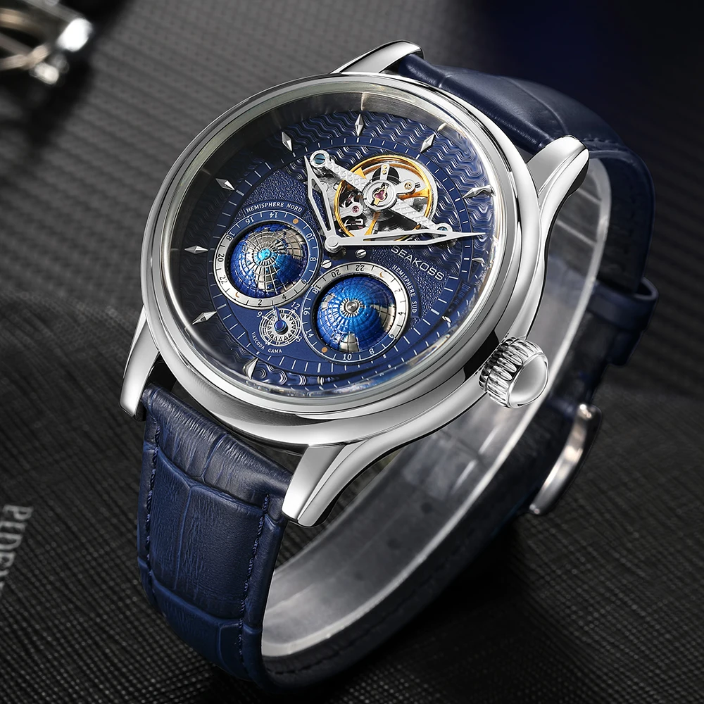 SEAKOSS Double Globe Automatic Rotating Men Mechanical Watches Earth Flywheel Device Men's Military Wristwatches 1963 Clock 4