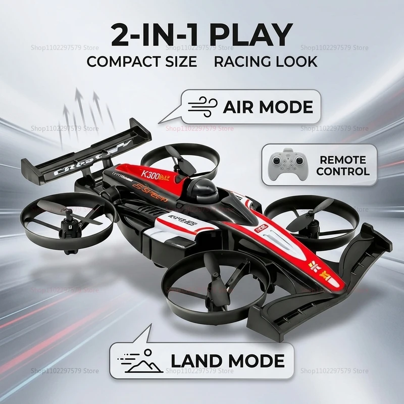 Vue de dessus du drone voiture K300MAX 2-en-1 montrant les détails du design et les hélices repliées.