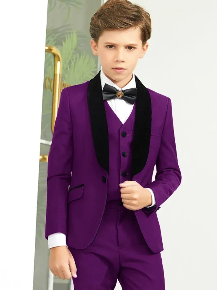 Blue Flower Boys Suits Dress Set Children Wedding Party Birthday Gift Elegant Gentleman Tuxedo Shawl Lapel Jacket+Vest+Pants