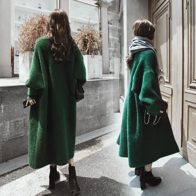 

Soft Synthetic Mink Thick Warm Long Sweater Cardigan Korean Women Winter Coat Batwing Sleeve Knit Long Cardigan Vintage Green