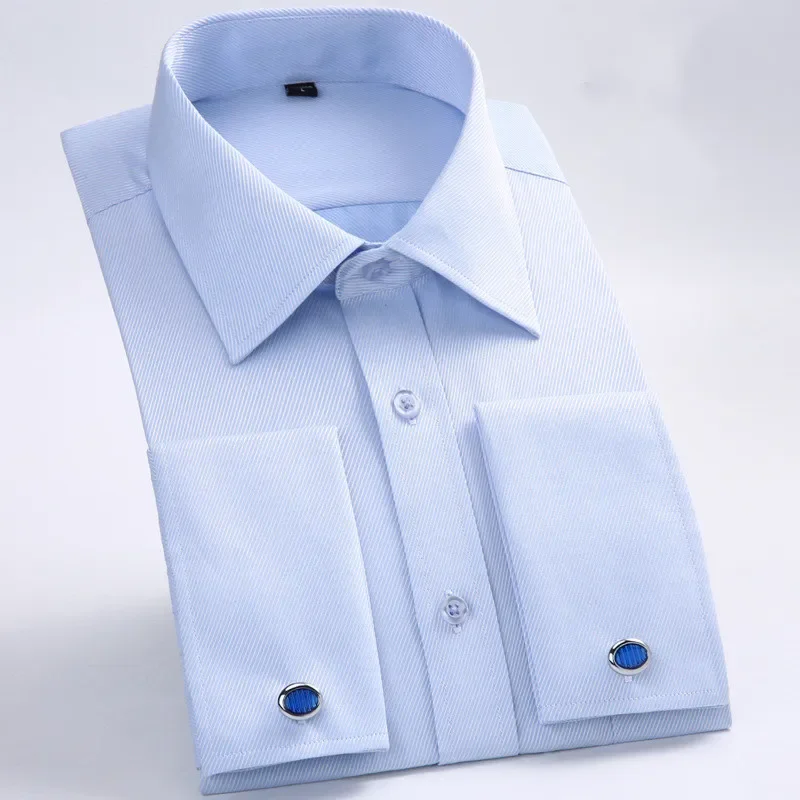 Men Shirt French Cuff Cufflinks Solid Color Long Sleeve Shirt Men Business Party Fashion