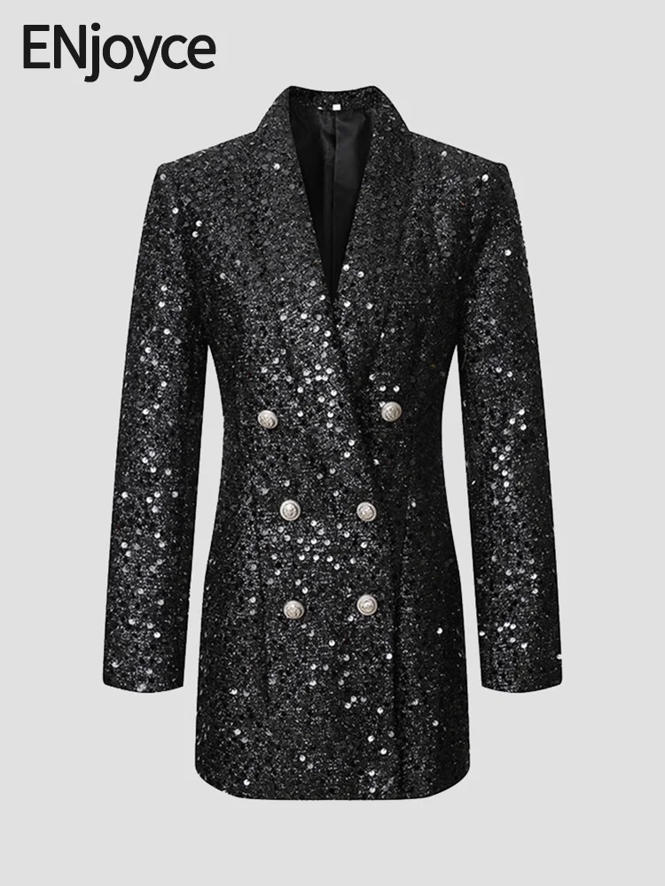 

ENjoyce Spring Fall Women Shiny Sequin Suit Jacket Brand Design Bling Glitter Long Blazer Stage Tailoring Suits with Rhinestones