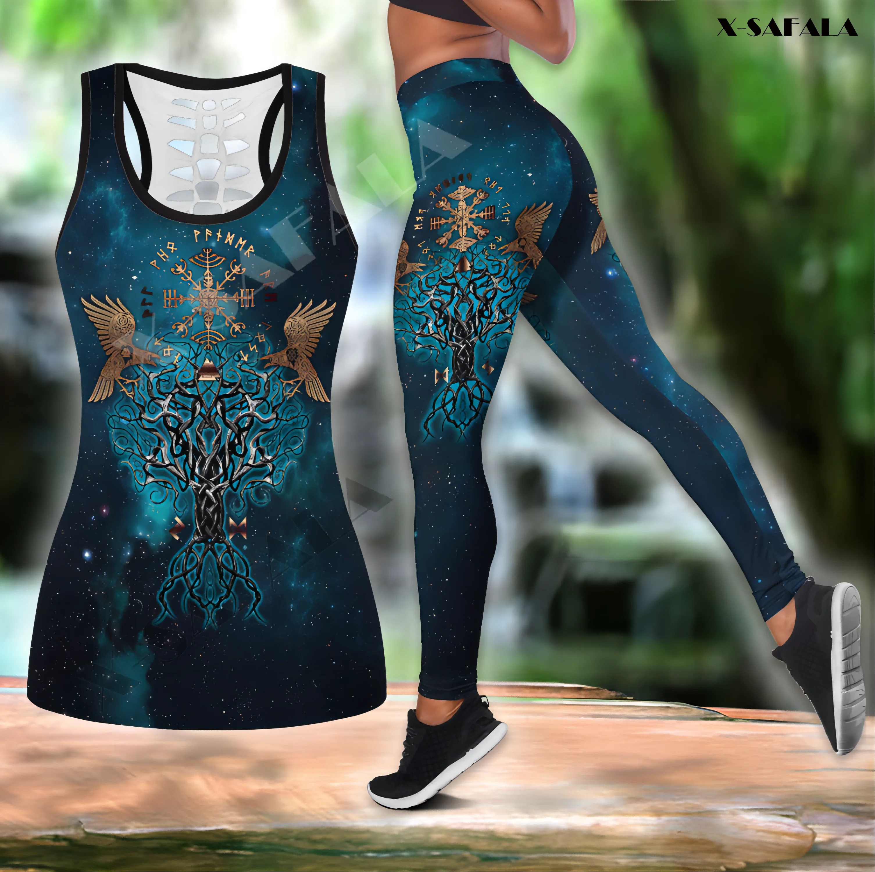 Ensemble de Yoga pour femmes, imprimé 3D, symboles de Viking Raven, ajouré,  débardeur, Leggings, tenue de sport, taille moyenne | AliExpress
