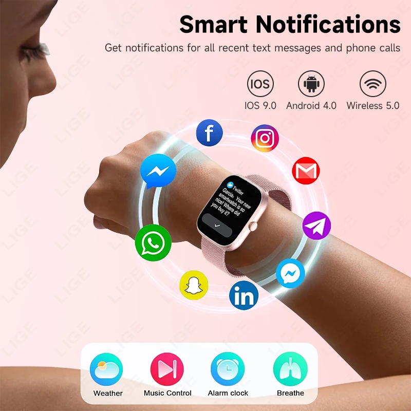 LIGE 2025 New Smart Watch 1.96" HD Display Bluetooth Voice Calling IP68 Waterproof Heart Rate Sleep Fitness Tracking Smartwatch