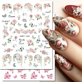 Decalcomanie per nail art 3d Rose vintage Ciliegio Bossom Fiori Farfalle Suggerimenti completi Adesivi per unghie Art Manicure Suggerimenti Decorazioni 1
