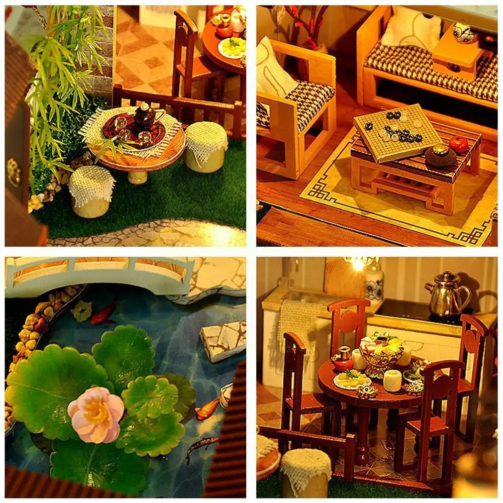 Diy 목조 주택 하우스 키트 중국어 빌라 안뜰 집 미니어처 가구 키즈 발렌타인 데이 크리스마스 G P7j8Doll House