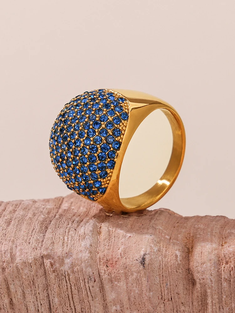 Anelli in acciaio inossidabile con zirconi lucidi per le donne Anello indice con dito rotondo impermeabile di tendenza placcato in oro Regalo di gioielli di lusso - immagine 6