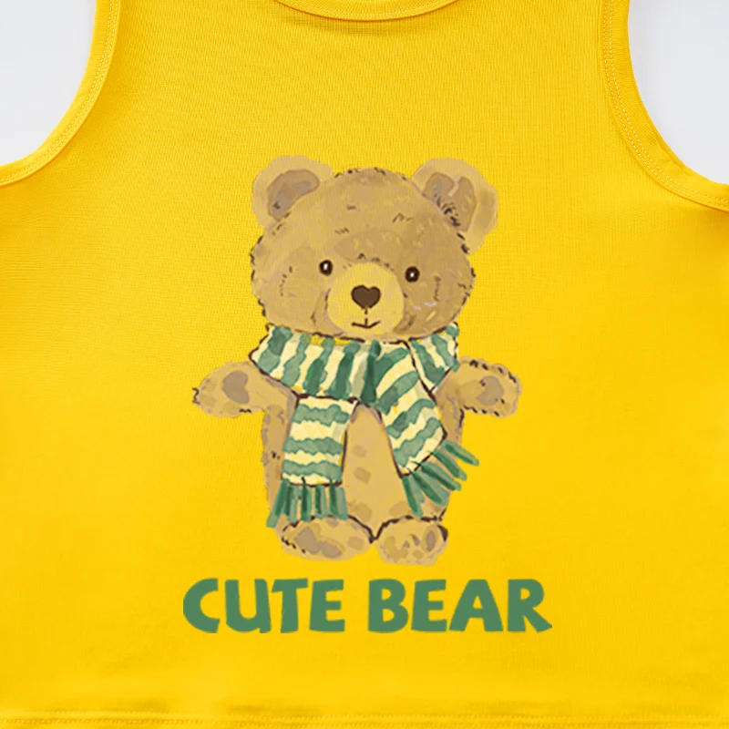 Summer Children's Clothing Boys And Girls Cute Cartoon Bear Comfortable Baby Round Neck Sleeveless T-Shirt Yellow Top