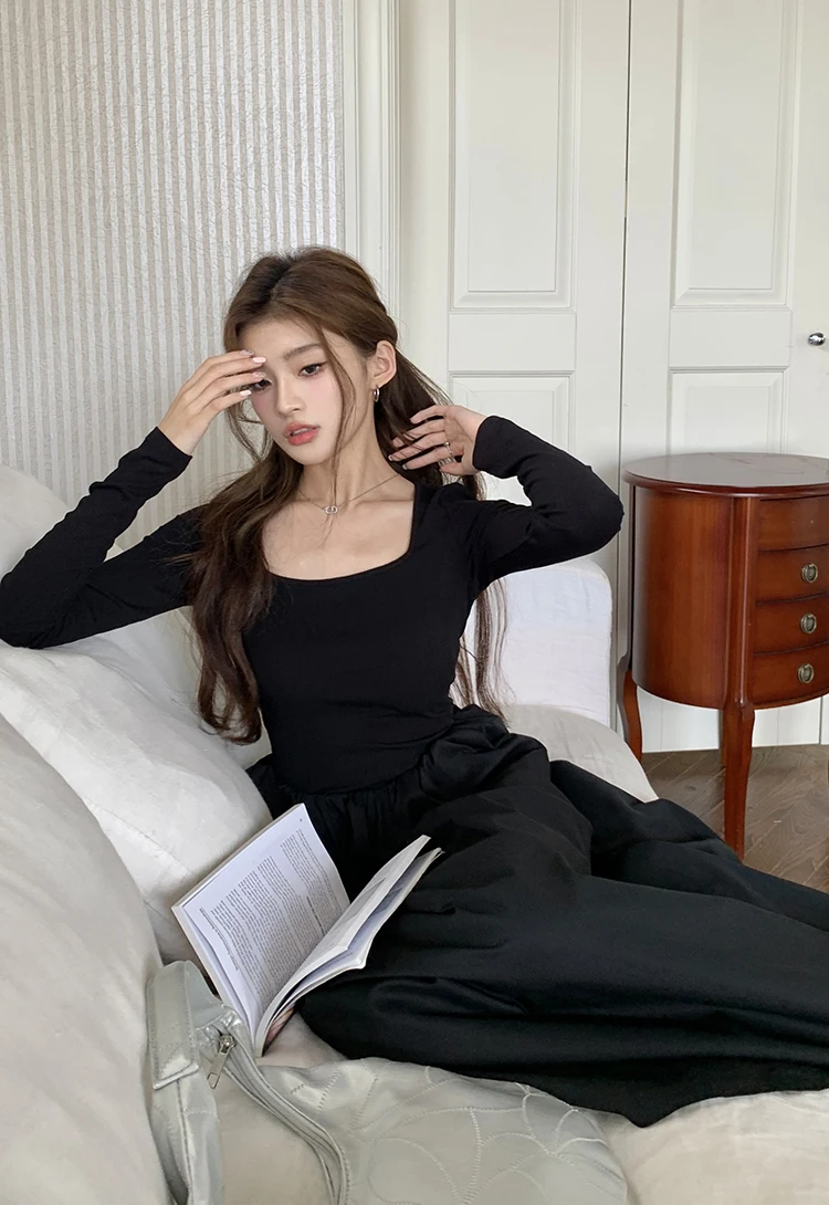 Casual Knitted Midi Dresses for Women Solid Long Sleeves Square Collar A-line Autumn New Elegant Dress Female Slim Vestidos