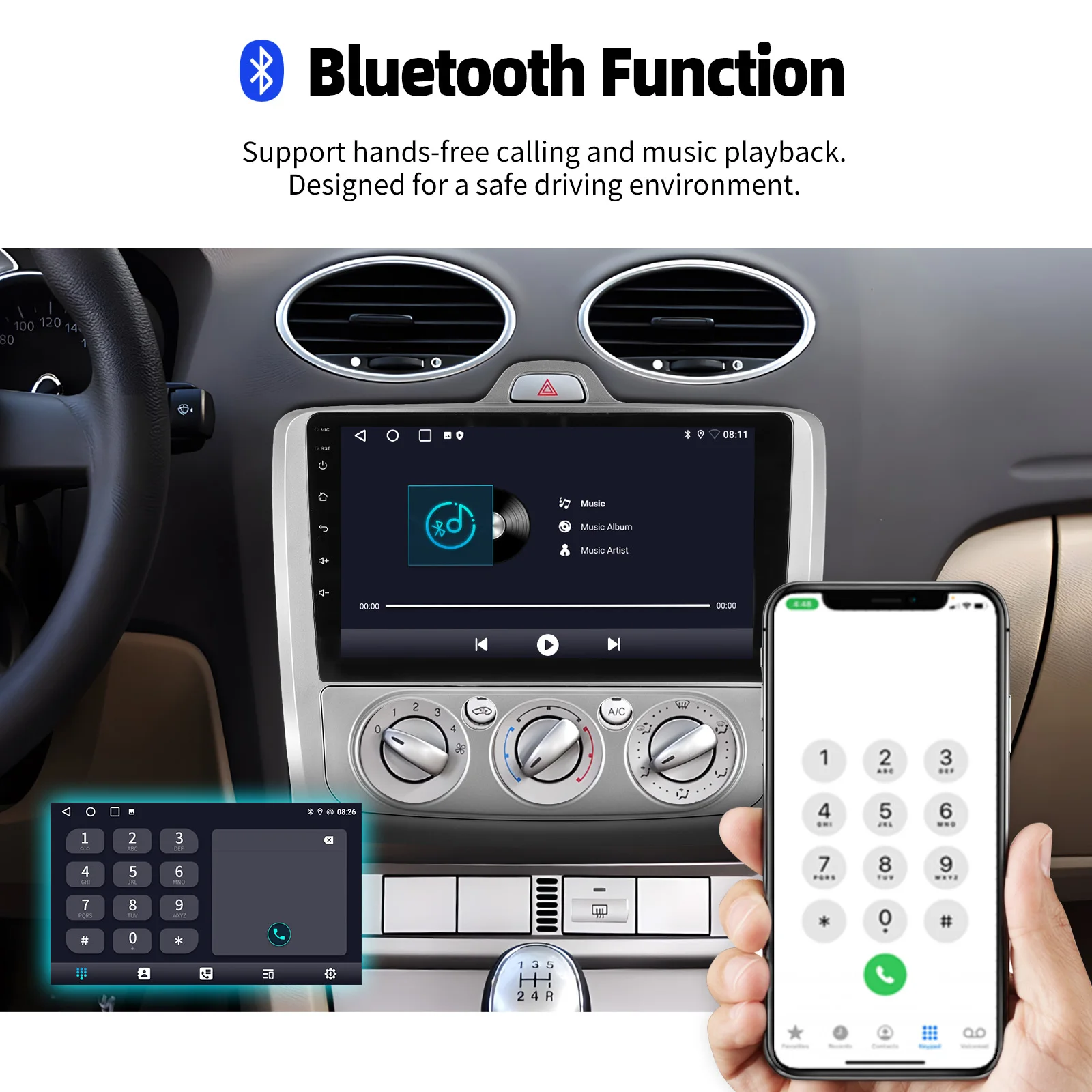 ESSGOO Android 14 9" Kabelloses Carplay Android Auto Autoradio für Ford Focus MK2 2004-2011 GPS-Navigation Lenkradsteuerung FM Bluetooth WIFI RDS USB Mirror Link Multimedia-Videoplayer 32G/64G 2 DIN – Detail 11