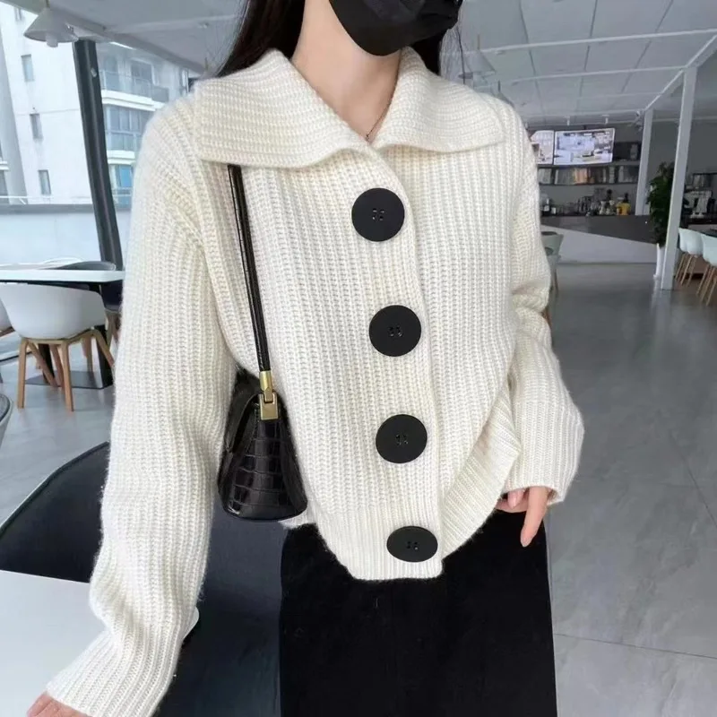 

Women Turn Down Collar Button Sweaters Solid Color Baggy Knitted Sweater Tops Spring Winter Korean Loose Cardigans Coats Hoodie