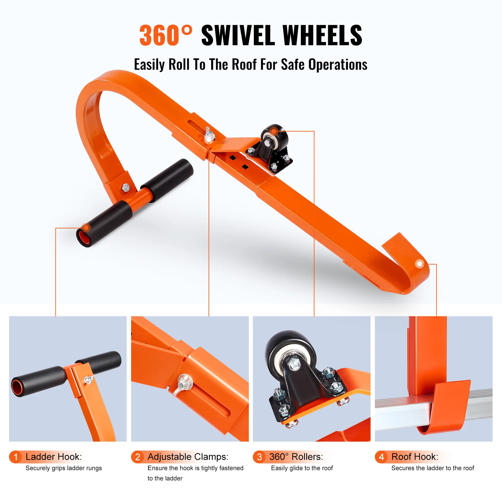 Ladder Roof Hook Orange/Black Heavy Duty Steel Stabilizer Ridge Extension Rubber Grip T-Bar 500 lbs