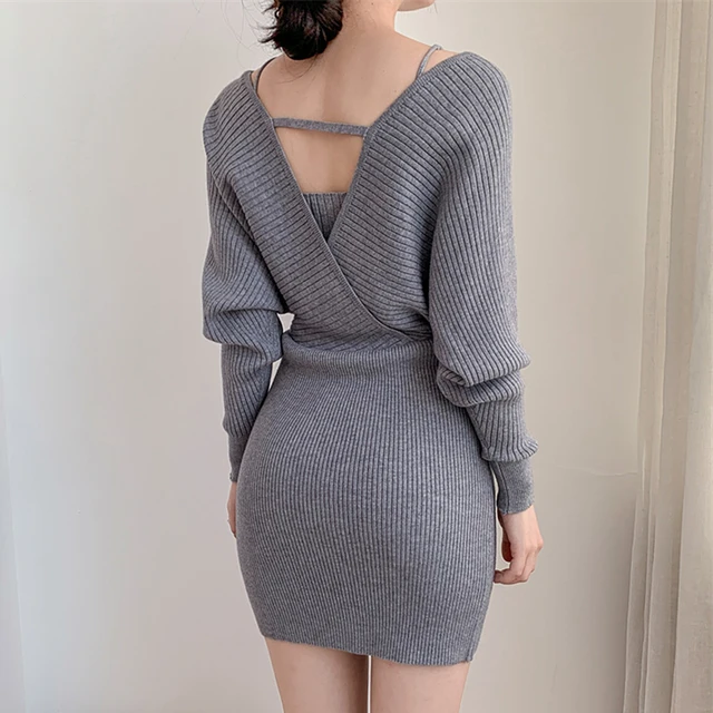 Fashion Korean Sweater Dress Women Long Sleeve Mini Knitted Dress Vintage  Sexy Fake Two Piece Dress Female Vestidos - AliExpress