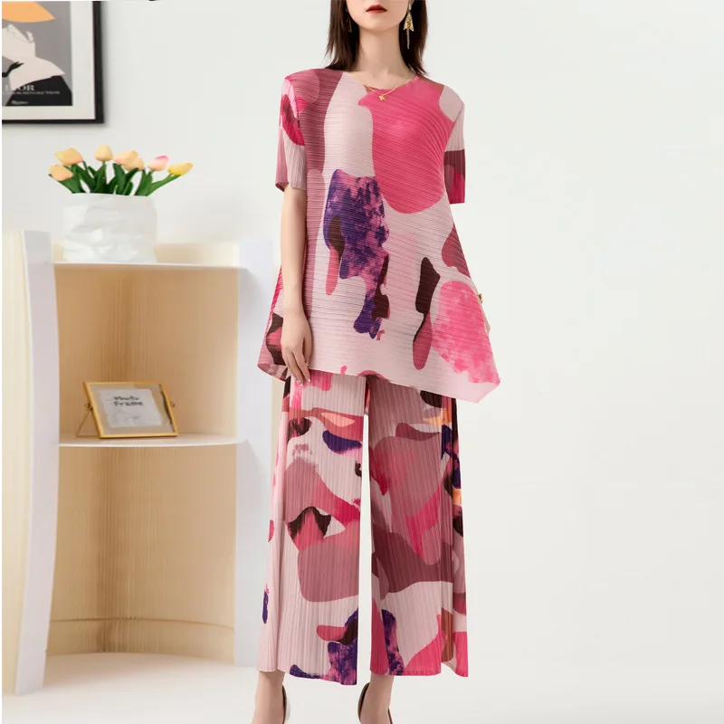 

Miyake Pleated Fashion Set for Women's 2023 Summer New Western Style Print Loose and Slim Wide Leg Pants Two Piece Set Fashion
