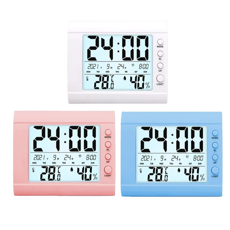 Digital Wall Desk Clock with Temperature Humidity Date Week Large LCD Display Battery Operated Alarm Clock for Bedroom 5