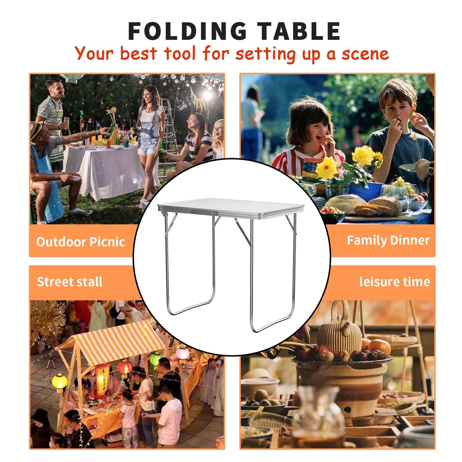 Camping Table Folding Table 120 x 60 cm Height Adjustable 55/62/70 cm Folding Table with Aluminium Frame White