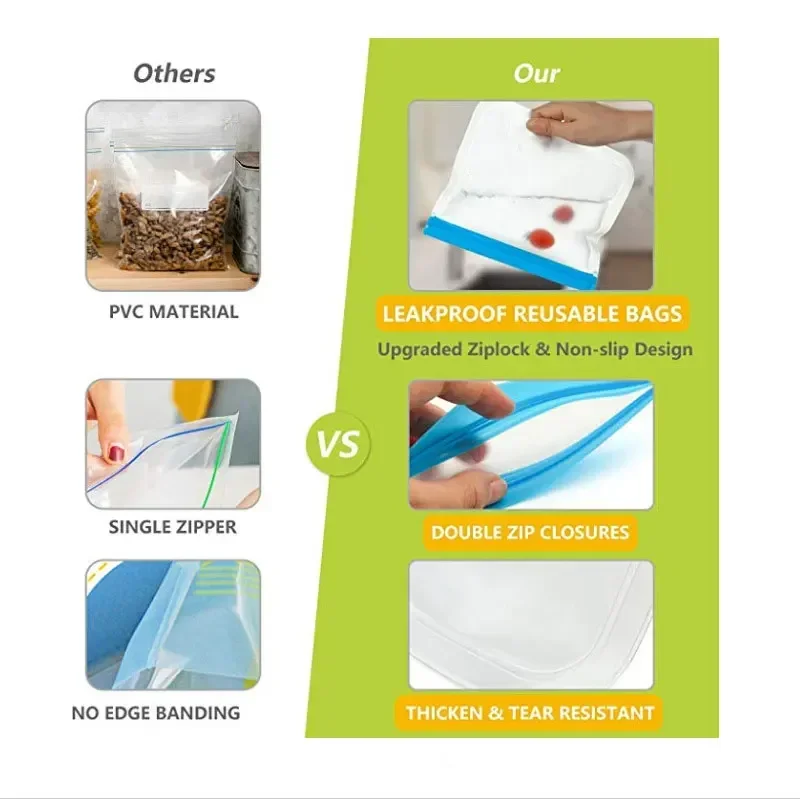 Reusable PEVA Silicone Food Storage Bag Kitchen Fruit Vegetable Fresh-keeping Bag Leakproof Food Ziplock Self Sealed Freezer Bag