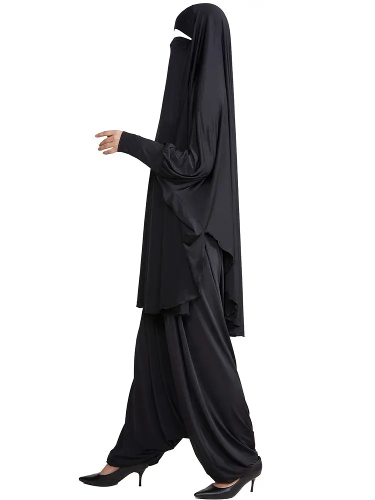 Stretchy Jilbab 2 Piece Set Islam Prayer Clothes Khimar Hijab Scarf+Harem Pants Muslim Woman Sporty Outfits Dubai Ramadan Eid