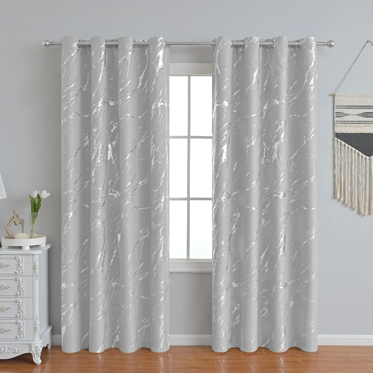 1pc Modern Marble Printed Curtain with Silver Stamping, One Panel High-Precision