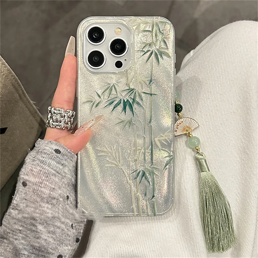 Chic Green Bamboo Feather Yarn Texture Case - Stylish & Durable Protection
