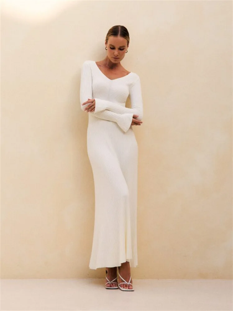 Vestido retro de punto con cuello en V para mujer, suéter de canalé para otoño e invierno, vestido largo elegante, ajustado, con mangas acampanadas, ropa para mujer