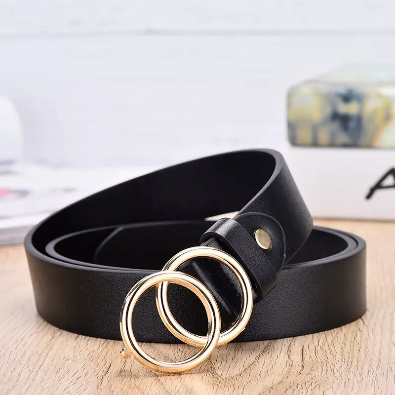Women's Belt Trend Double Round Buckle Belt Simple And Versatile Youth Belt Pu Leather Belt Paired With Jeans Skirt Women Belt