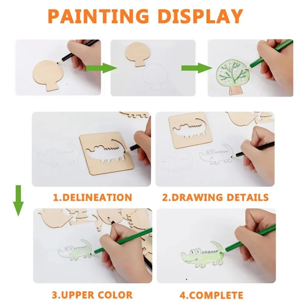 Montessori Kids Toys Drawin Tools Wooden DIY Painting Template Stencils Learning Educational Tool for Children Gift 20pcs