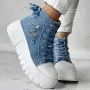 Sneakers Women's Solid Color Denim Canvas Sneakers Lace Platform Soft Sole Shoes Zip 3