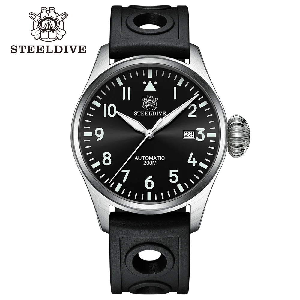 STEELDIVE SD1930 Auto Mechanical Wristwatch Big Pilot 200M Waterproof Swiss Blue Luminous 316L Stainless Steel Fashion Watch