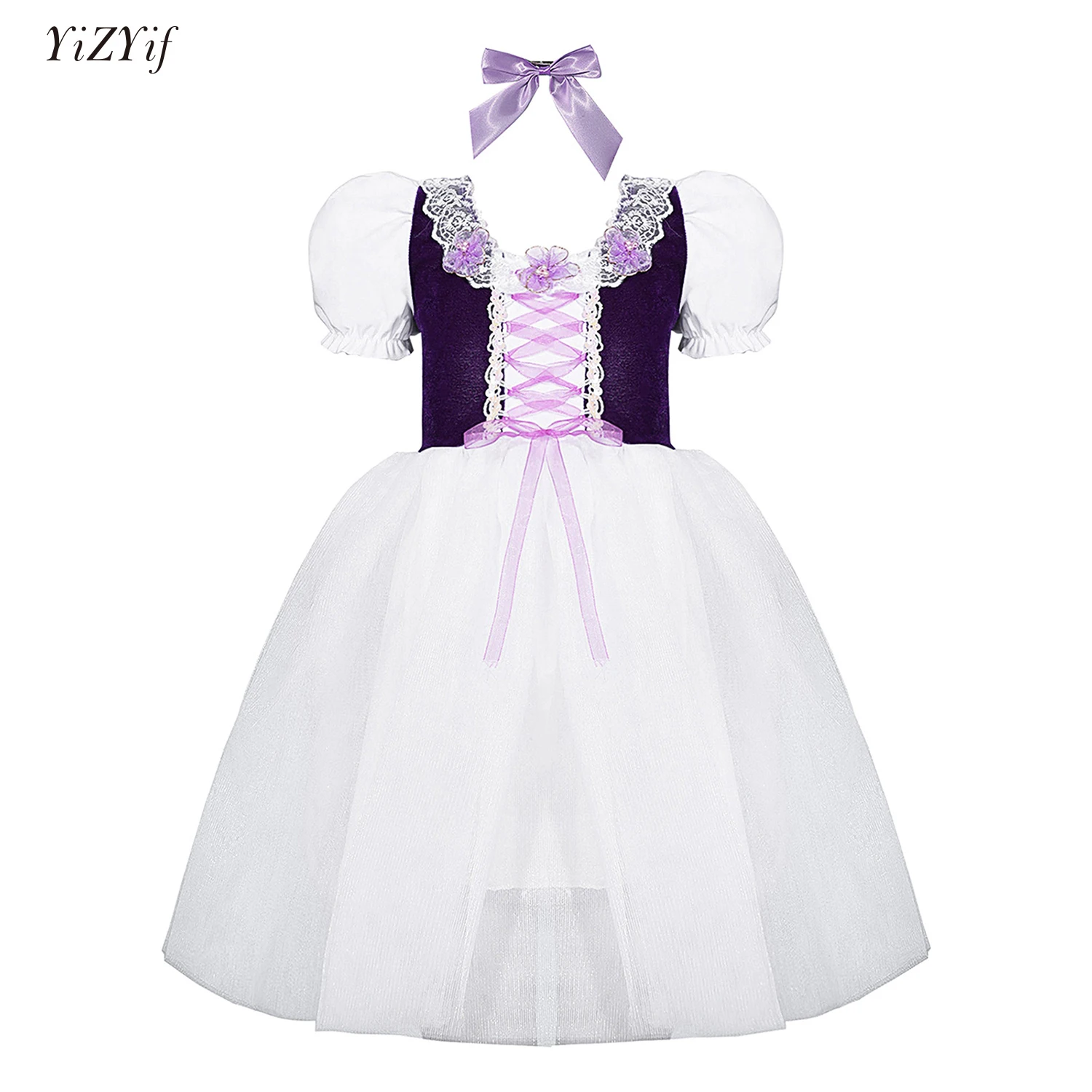 

HOT Halloween Kids Girls Cosplay Princess Costume Ballet Dance Dresses Puff Sleeve Lace Trim Tutu Dress+Ribbon Bowknot Hair Clip