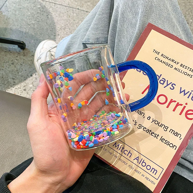 

Glass cup with handle double layer cute girl heart quicksand water cup high-value Bobo small cup mini