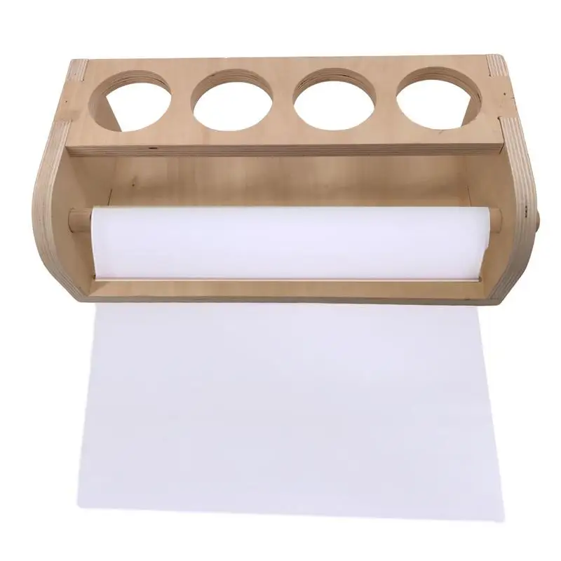 Wooden Holder Tabletop Paper Roll Dispenser 4 Hole Kids DIY Painting Drawing Tool Parchment Dispenser for DIY Art Painting