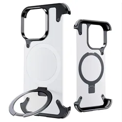 Sleek Frameless Aluminum Alloy Magnetic Ring Stand Shockproof Case with Kickstand - iPhone 16 Pro Max (Black)