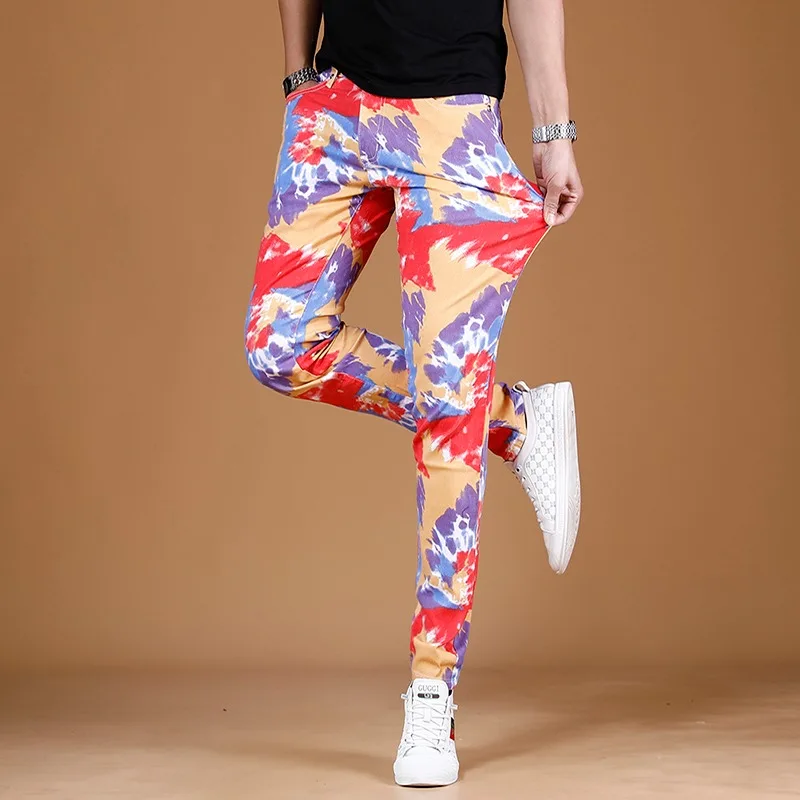 Summer Jeans Men Fashion Colourful Print Pants Streetwear Casual Straight Slim Fit Denim Trousers CP1628