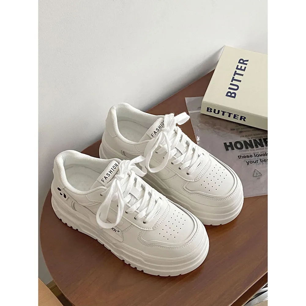 2024 Spring New Breathable Casual Women Shoes with Inner Height of 6cm Thick Sole Shoes and Leather White Sports Shoes 24-177