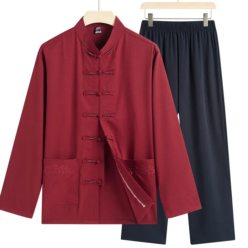 Autumn Solid Color Loose-fit Tang Suit For Middle-aged Elderly Men Casual Daily Wear Morning Exercise Outfit mens tang suit