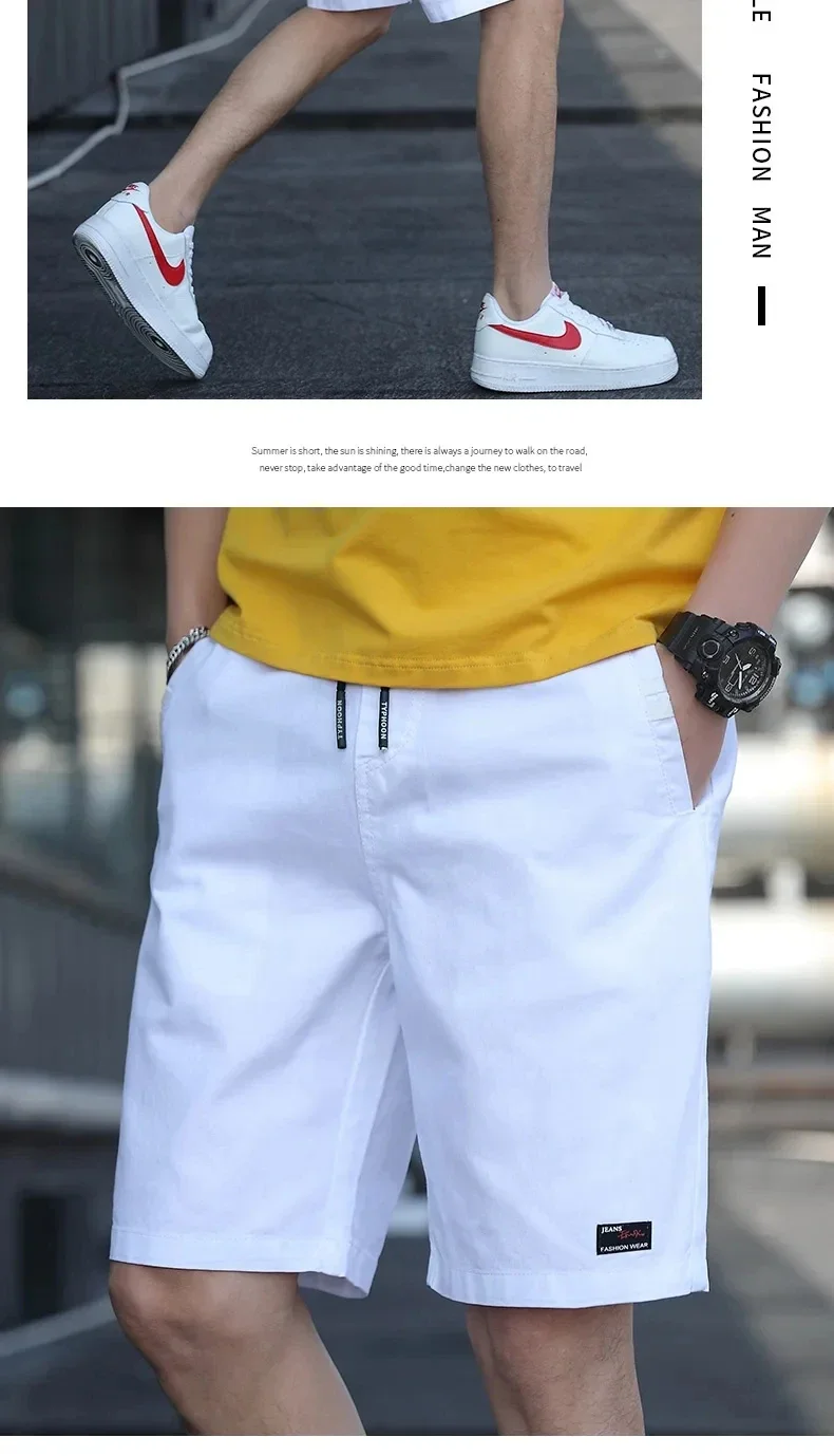 Description Picture 4 of itemSolid Color Elastic Waist Bermudas Male 2024 Trends Men Trousers Pure Cotton Summer Shorts Men Casual White Shorts Solid Color