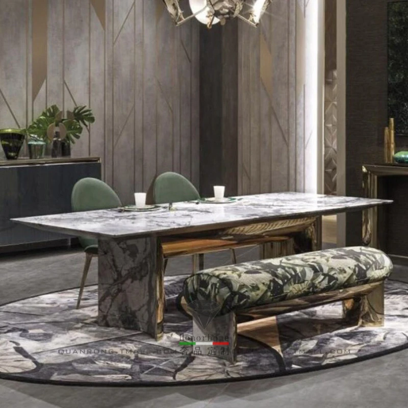 

Light Luxury Dining Table round Arc Marble Rectangular Dining Table Villa Designer Long Table for 8 People