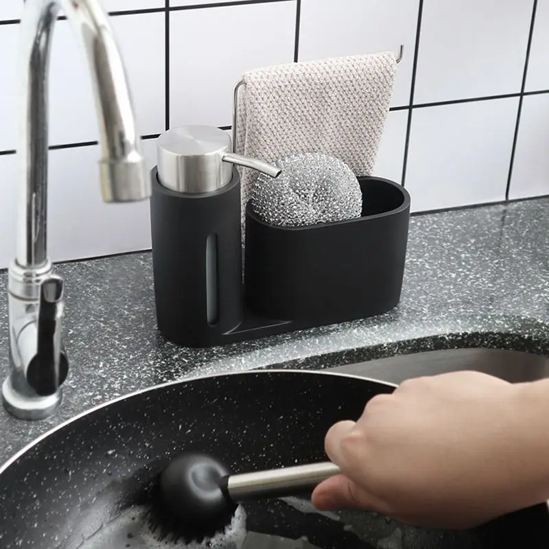 Kitchen Sink Countertop Organizer Liquid Hand Soap Dispenser Pump Bottle with Cleaning Ball, Brush, Dishwashing Soap Dispenser
