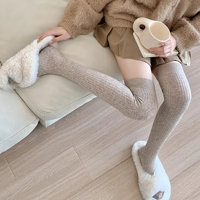 SP&CITY JK Y2K Gestreifte Knie-Wollsocken für Damen, einfarbig, Doppelnadel, dicke Wintersocken, atmungsaktive Baumwolle, hohe Röhrensocke