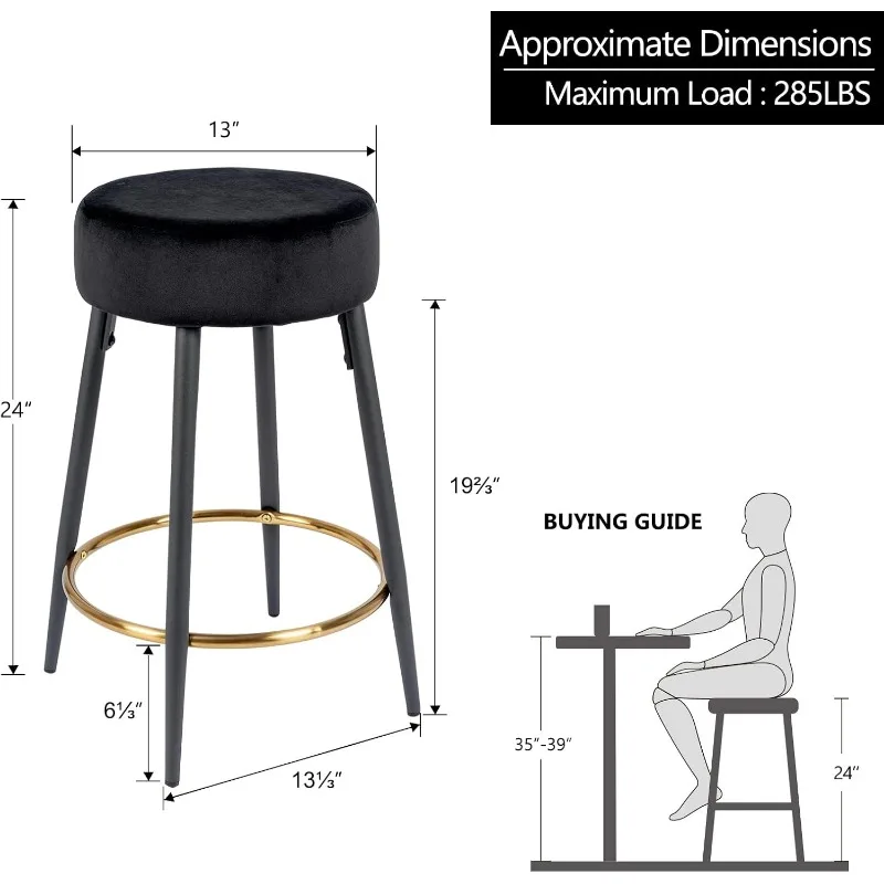 Counter Height Bar Stools Set of 2, Velvet Kitchen Upholstered Dining Chair Stools 24 Inches Height 3