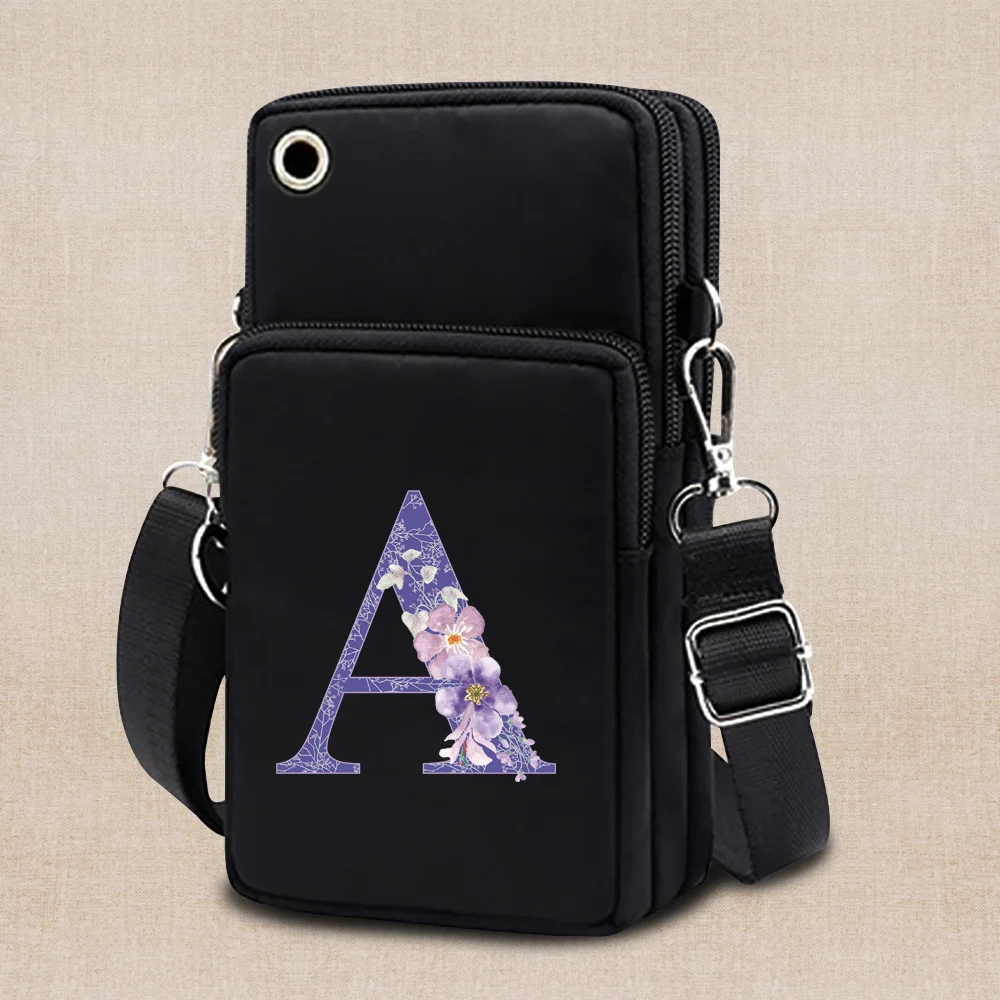 Shoulder Bags Women Mobile Phone Bags Mini Female Messenger Purse Wallet CrossBody Bag Purple Flower Letter Print Sports Wallet women s mini shoulder bag constellation print handbag wrist pouch wallet sports cell mobile phone bag crossbody bags for girls