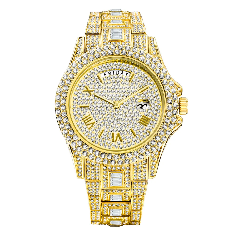 

Hip Hop Bling Iced Out Stainless Steel Week Watch Date Quartz Wrist Waterproof Watches for Men Rapper Jewelry
