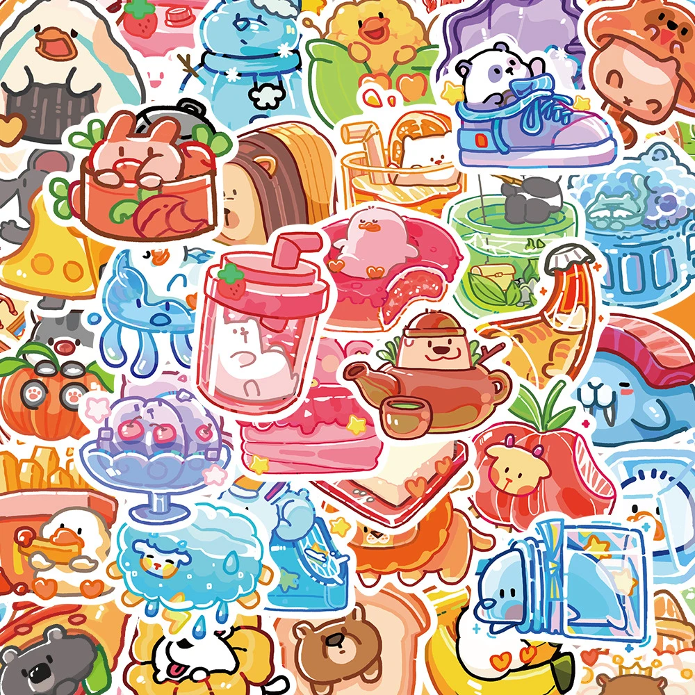 10/30/50pcs Colorful Food Animal Cartoon Stickers Kawaii Girls Decorative Scrapbooking Laptop Stationery Cute Kids Sticker Toys 10 30 50pcs cartoon kawaii animal food pink stickers laptop suitcases scrapbooking notebook girls stationery decorative stickers