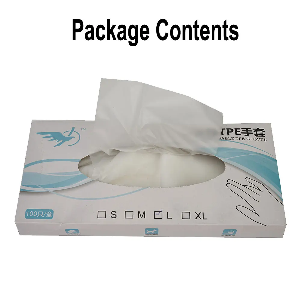 Lot de 100 gants TPE jetables sans latex, empilés sur fond blanc.