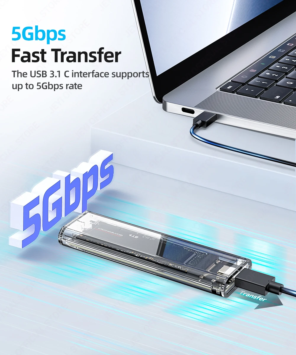 JEYI Transparent USB 3.1 (6 Gbit/s Fast Transfer) Schnittstelle unterstützt M.2 SATA-Gehäuse – werkzeugloses externes Gehäuse für 2230–2280 SSD – Detail 3